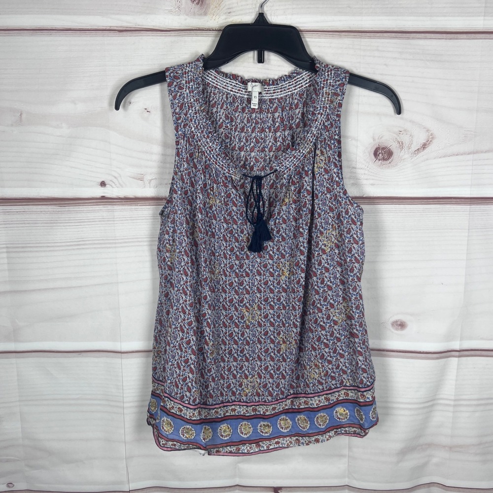 JOIE Tank Top Womens XS Blue Paisley Sleeveless Tassel Tie Boho Cotton Blouse